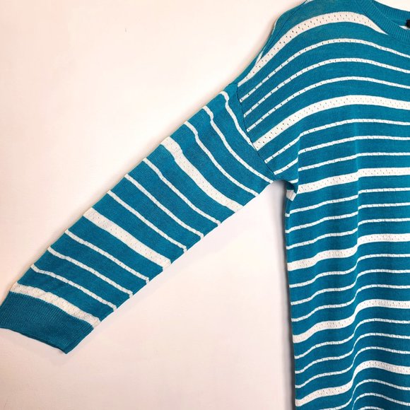 Talbots Teal Blue and White Striped Linen Blend Sweater, Size Medium Petite, GUC - Picture 3 of 6